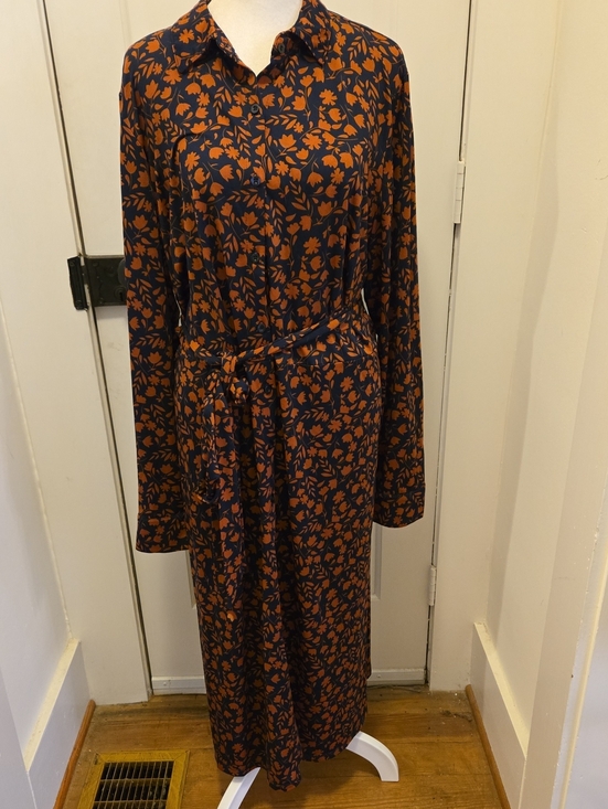 Eloquii Dresses & Skirts - Eloquii Navy and Rust Floral Tie-Waist Maxi Shirt Dress Size 20